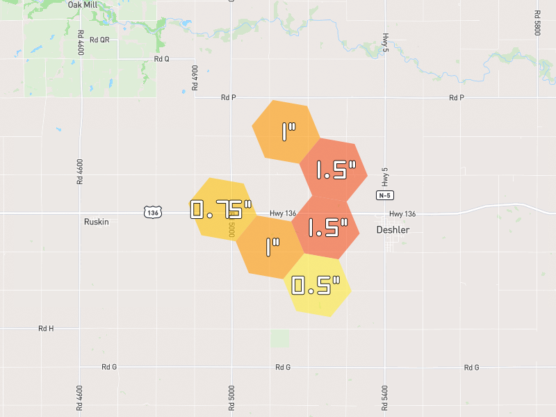 Hail map of Deshler, NE on Jul 3, 2026, hail up to 1.5"