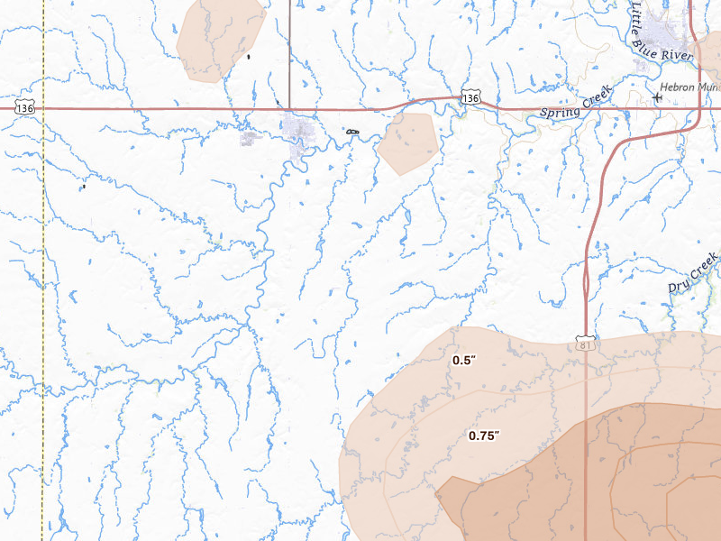 Radar-estimated hail-size map of the storm over Deshler, NE on Jul 8, 2026
