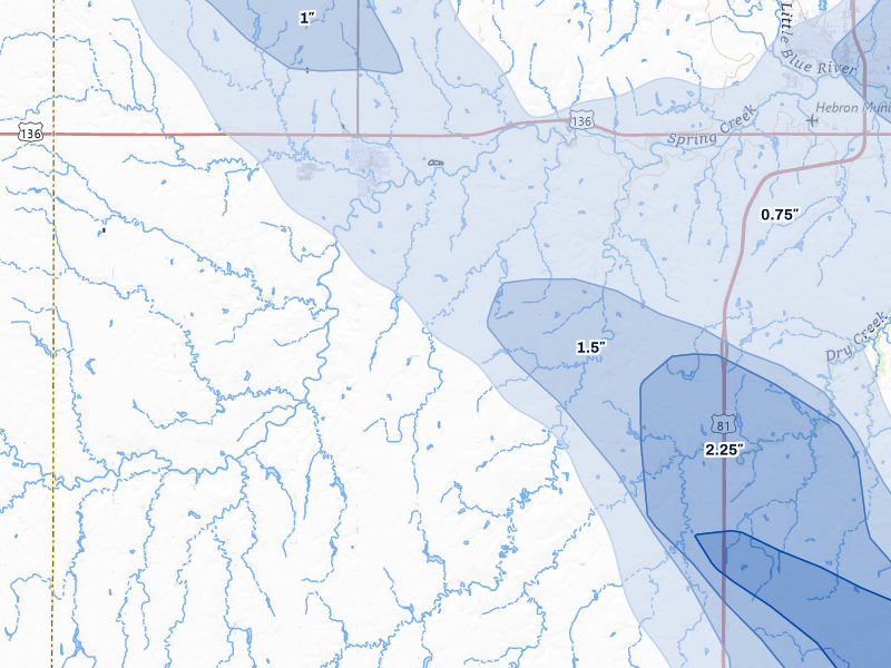 NEXRAD radar-signature map of the hail storm over Deshler, NE on Jul 8, 2026