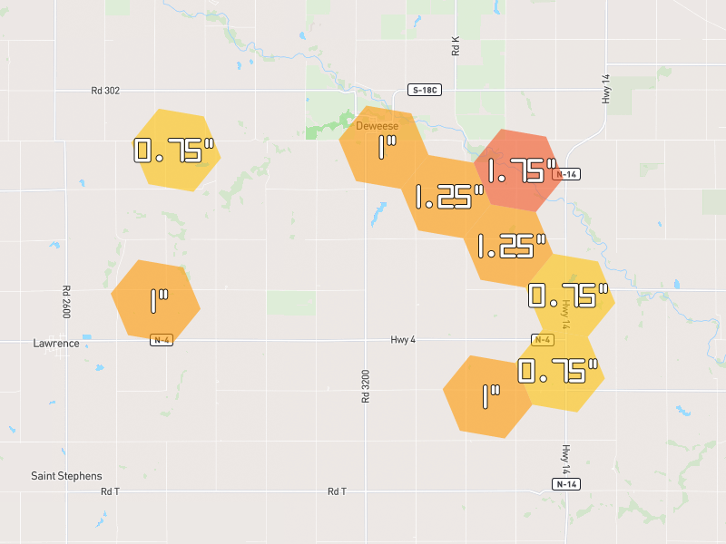 Hail map of Deweese, NE on Jun 6, 2026, hail up to 1.75"