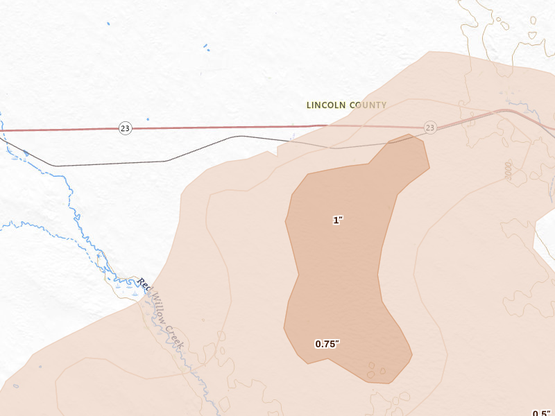 Radar-estimated hail-size map of the storm over Dickens, NE on Jul 27, 2026