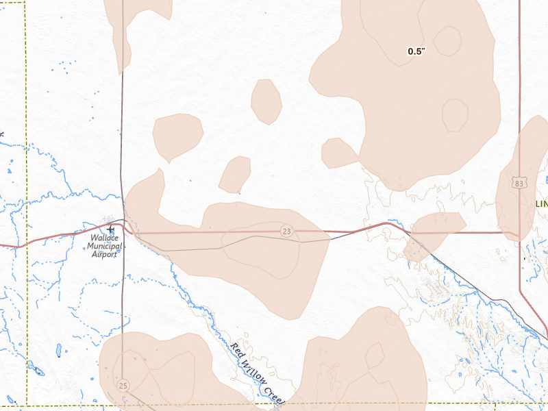 Radar-estimated hail-size map of the storm over Dickens, NE on Aug 27, 2026