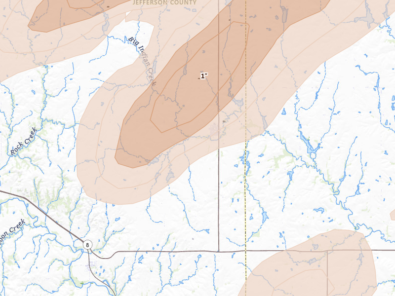 Radar-estimated hail-size map of the storm over Diller, NE on Apr 23, 2026