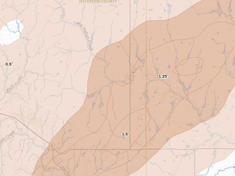 Radar-estimated hail-size map of the storm over Diller, NE on May 18, 2026
