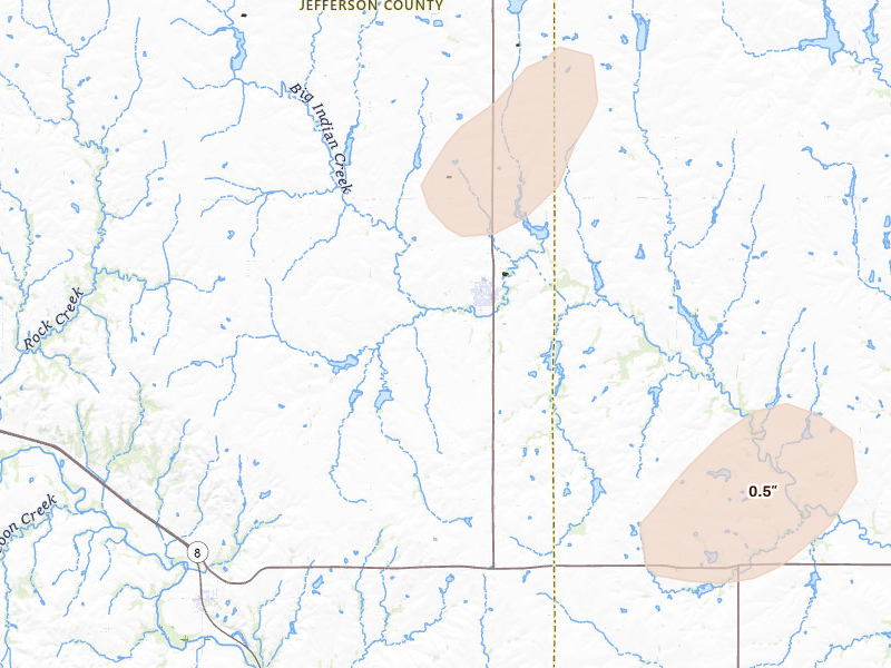 Radar-estimated hail-size map of the storm over Diller, NE on Jun 5, 2026