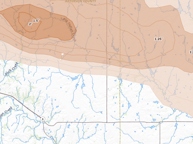 Radar-estimated hail-size map of the storm over Diller, NE on Jun 20, 2026