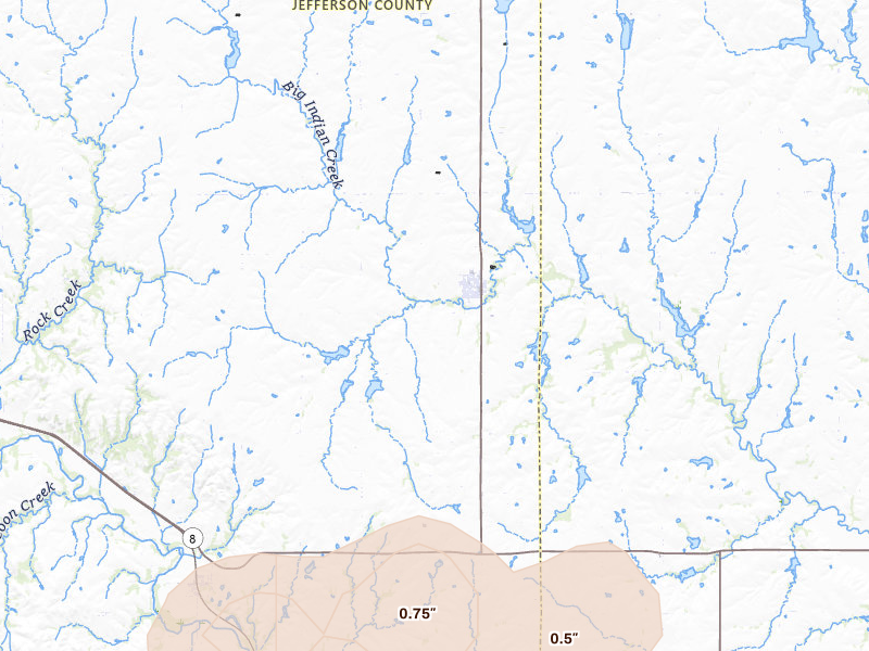 Radar-estimated hail-size map of the storm over Diller, NE on Jul 3, 2026