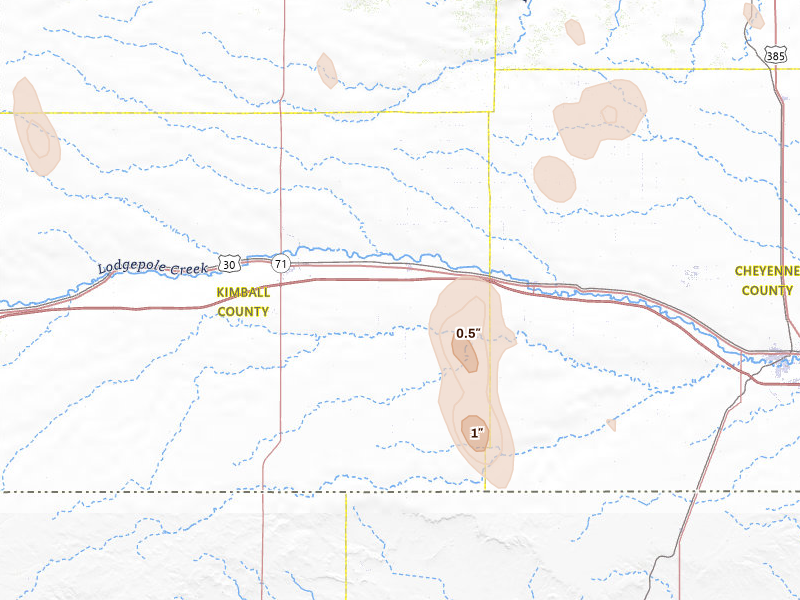Radar-estimated hail-size map of the storm over Dix, NE on May 29, 2026
