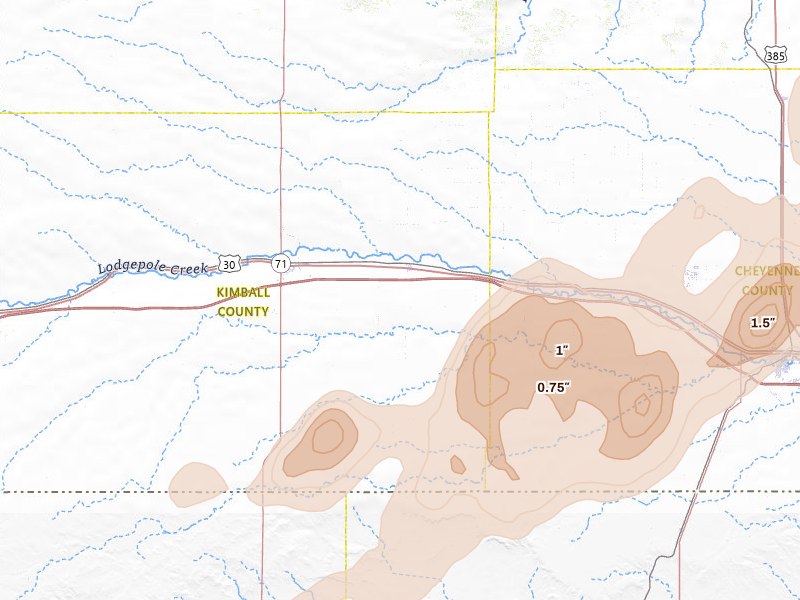 Radar-estimated hail-size map of the storm over Dix, NE on Jun 7, 2026