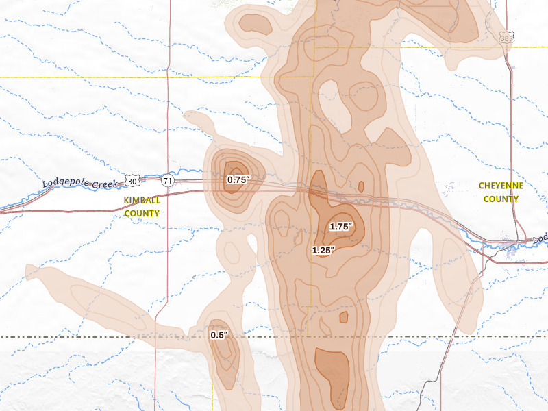 Radar-estimated hail-size map of the storm over Dix, NE on Aug 21, 2026