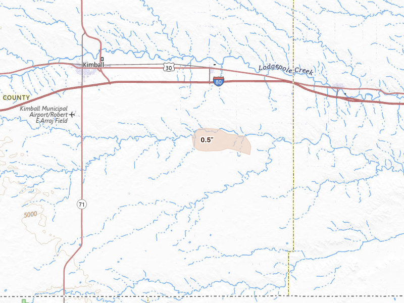 Radar-estimated hail-size map of the storm over Dix, NE on Aug 28, 2026