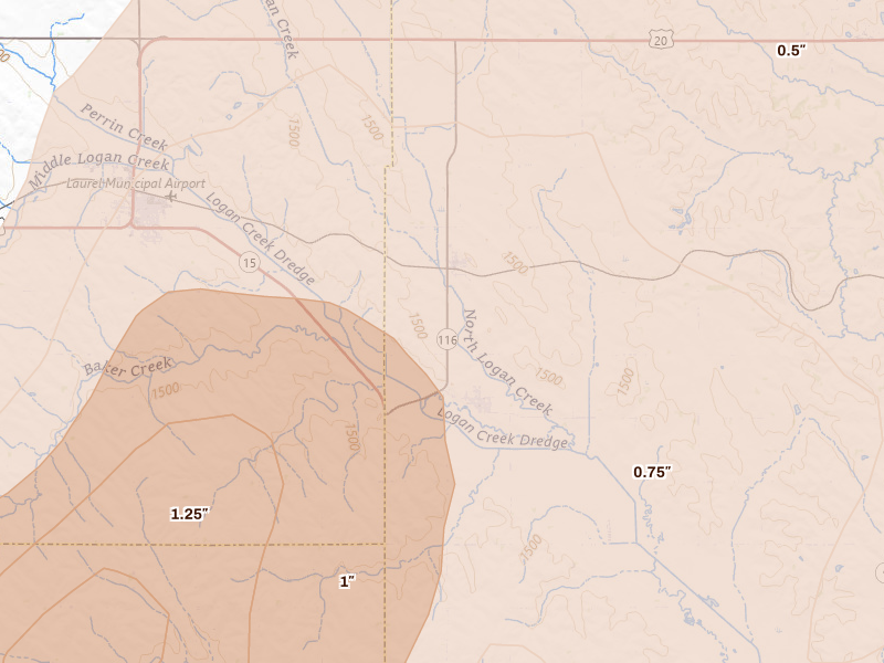Radar-estimated hail-size map of the storm over Dixon, NE on Jun 29, 2026