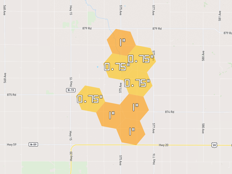 Hail map of Dixon, NE on Jul 1, 2026, hail up to 1"