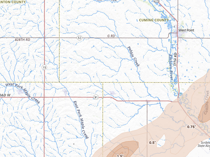 Radar-estimated hail-size map of the storm over Dodge, NE on Apr 23, 2026