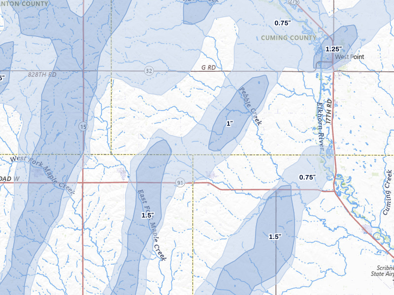 NEXRAD radar-signature map of the hail storm over Dodge, NE on May 18, 2026