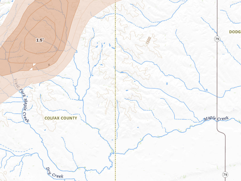 Radar-estimated hail-size map of the storm over Dodge, NE on Jul 2, 2026