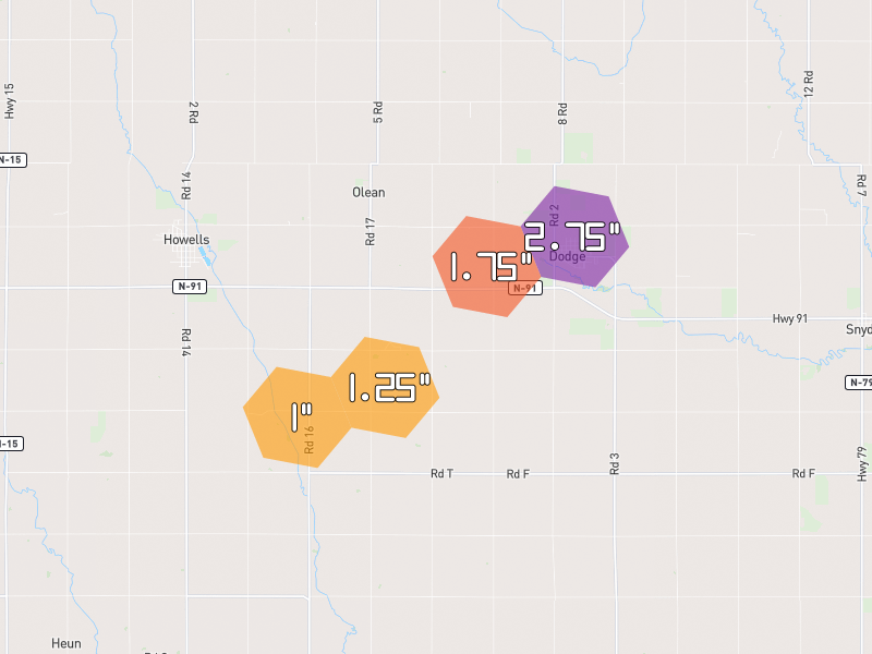 Hail map of Dodge, NE on Jul 3, 2026, hail up to 2.75"