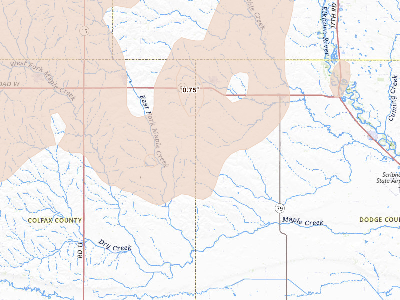 Radar-estimated hail-size map of the storm over Dodge, NE on Aug 12, 2026