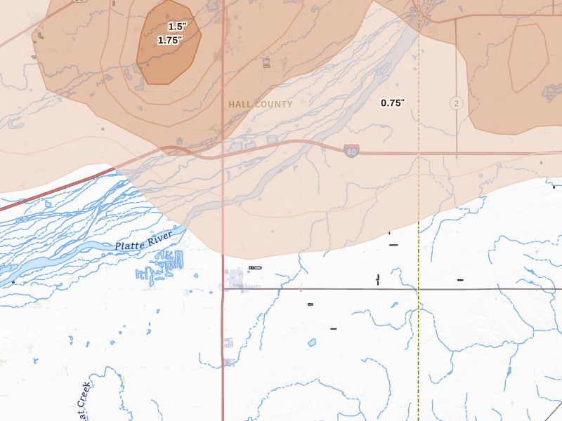 Radar-estimated hail-size map of the storm over Doniphan, NE on May 16, 2026