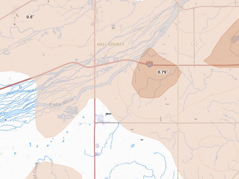 Radar-estimated hail-size map of the storm over Doniphan, NE on Jun 5, 2026
