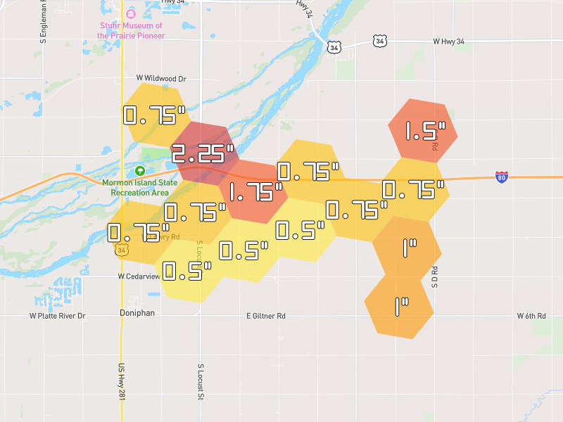 Hail map of Doniphan, NE on Jun 6, 2026, hail up to 2.25"