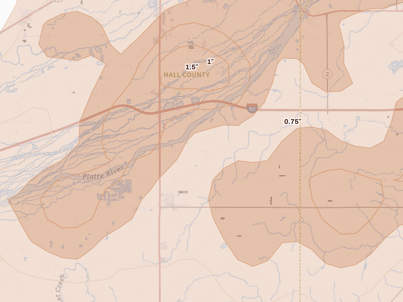 Radar-estimated hail-size map of the storm over Doniphan, NE on Jun 10, 2026