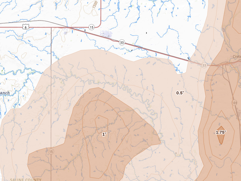 Radar-estimated hail-size map of the storm over Dorchester, NE on May 16, 2026