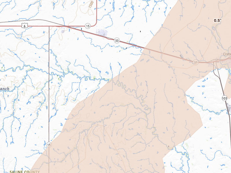 Radar-estimated hail-size map of the storm over Dorchester, NE on May 17, 2026