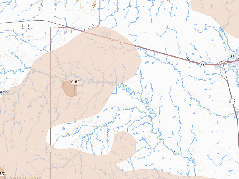 Radar-estimated hail-size map of the storm over Dorchester, NE on Jun 5, 2026