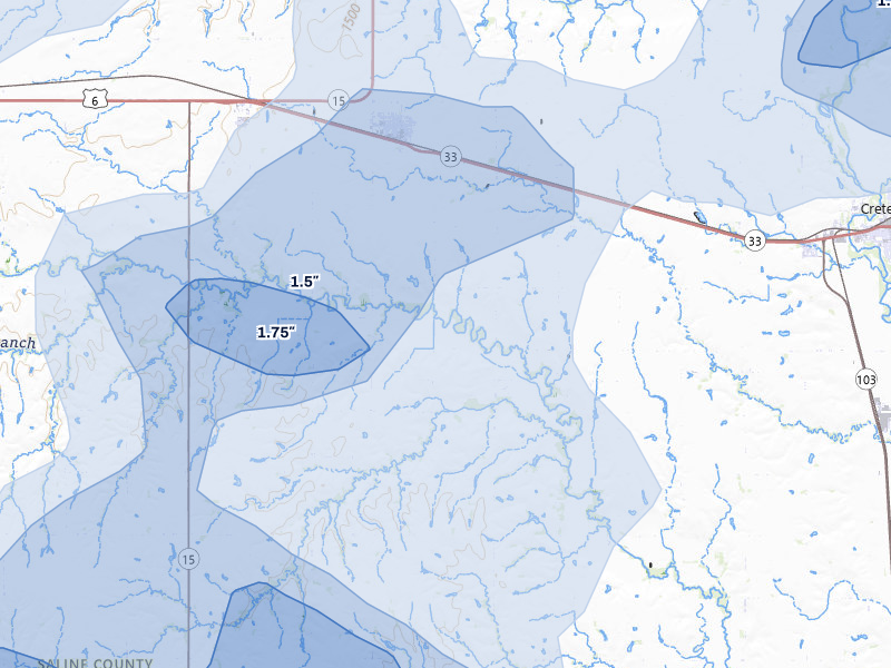 NEXRAD radar-signature map of the hail storm over Dorchester, NE on Jun 5, 2026