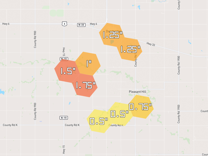 Hail map of Dorchester, NE on Jun 6, 2026, hail up to 1.75"