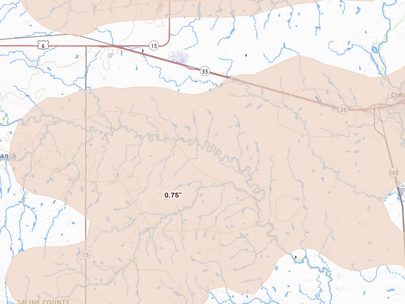 Radar-estimated hail-size map of the storm over Dorchester, NE on Jul 3, 2026