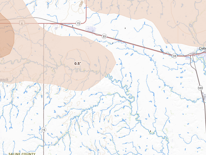 Radar-estimated hail-size map of the storm over Dorchester, NE on Jul 8, 2026