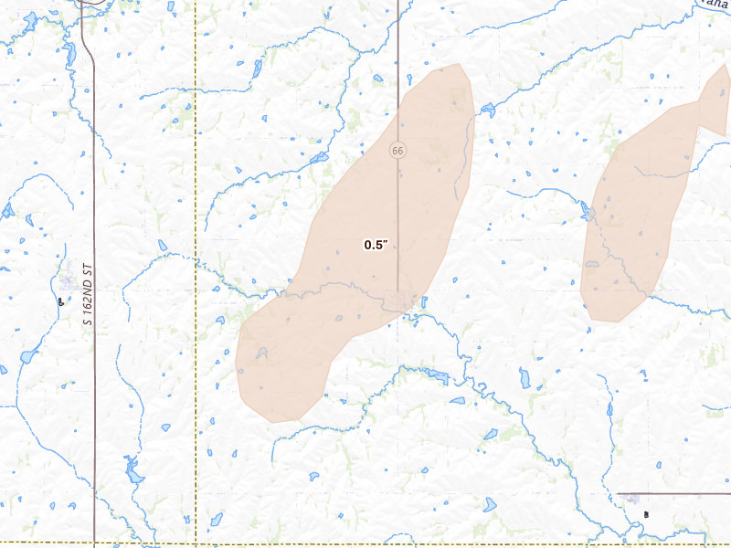 Radar-estimated hail-size map of the storm over Douglas, NE on May 17, 2026