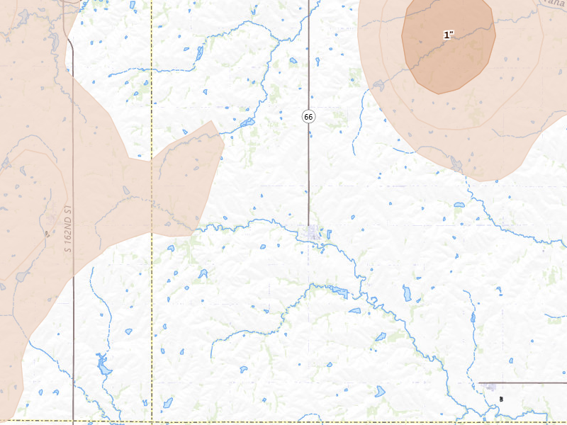 Radar-estimated hail-size map of the storm over Douglas, NE on Jun 5, 2026