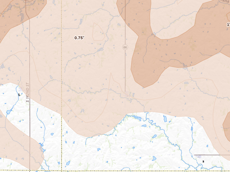 Radar-estimated hail-size map of the storm over Douglas, NE on Jun 10, 2026