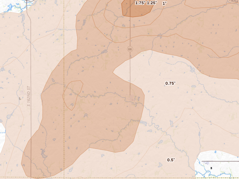 Radar-estimated hail-size map of the storm over Douglas, NE on Jul 3, 2026