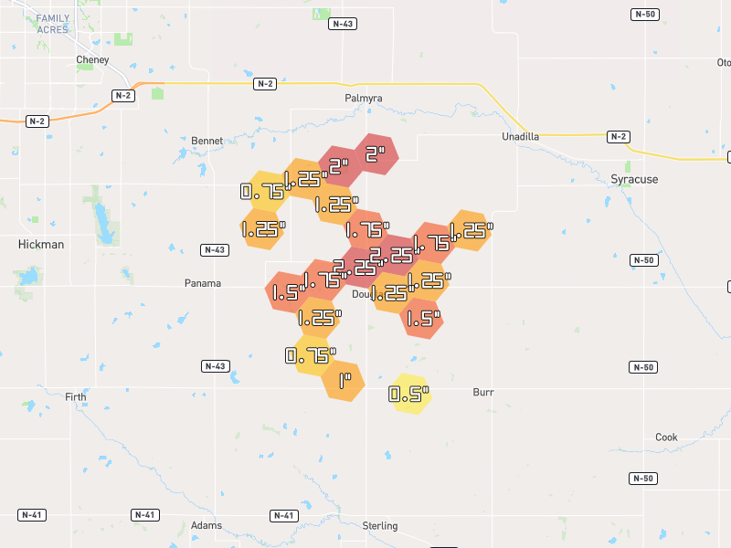 Hail map of Douglas, NE on Jul 4, 2026, hail up to 2.25"