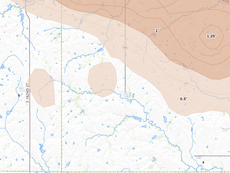 Radar-estimated hail-size map of the storm over Douglas, NE on Aug 19, 2026