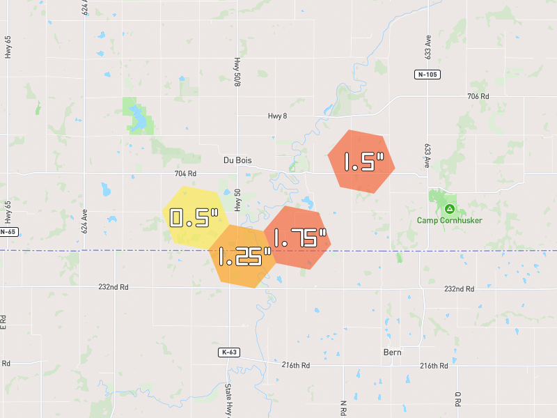 Hail map of Du Bois, NE on Jun 4, 2026, hail up to 1.75"