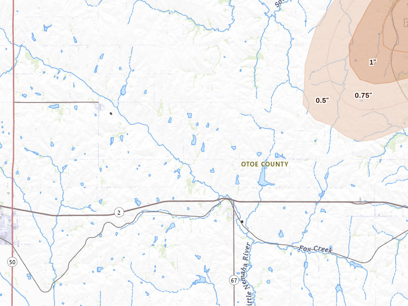 Radar-estimated hail-size map of the storm over Dunbar, NE on May 15, 2026