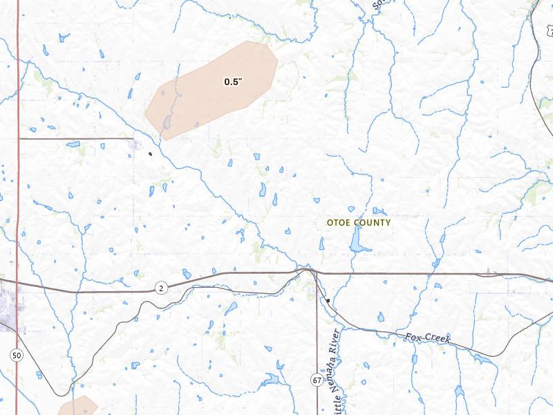 Radar-estimated hail-size map of the storm over Dunbar, NE on May 18, 2026