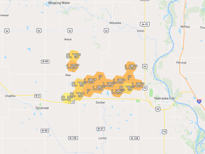 Hail map of Dunbar, NE on Jun 6, 2026, hail up to 1.25"