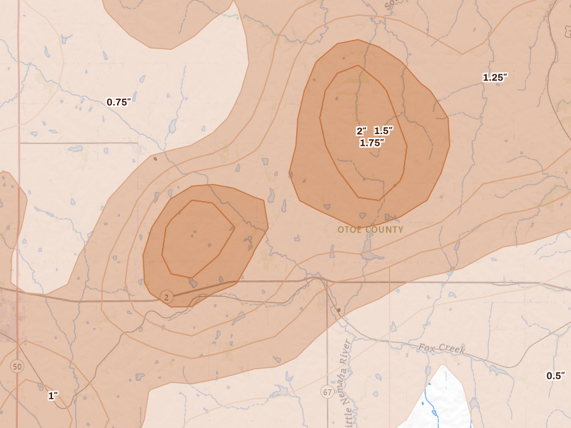 Radar-estimated hail-size map of the storm over Dunbar, NE on Jun 10, 2026