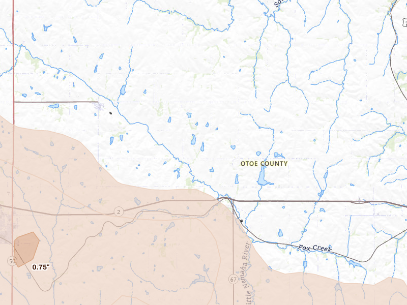 Radar-estimated hail-size map of the storm over Dunbar, NE on Jul 3, 2026