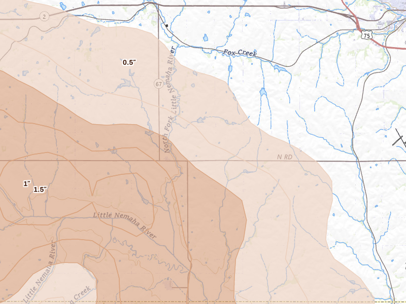 Radar-estimated hail-size map of the storm over Dunbar, NE on Aug 19, 2026