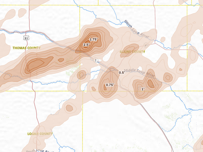 Radar-estimated hail-size map of the storm over Dunning, NE on Jun 9, 2026