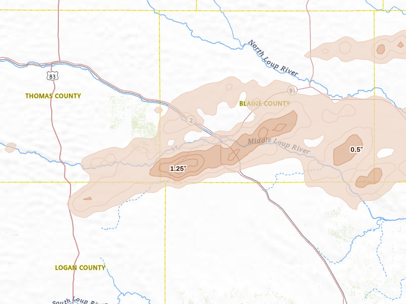 Radar-estimated hail-size map of the storm over Dunning, NE on Jun 12, 2026