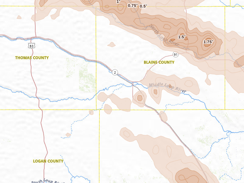 Radar-estimated hail-size map of the storm over Dunning, NE on Jun 20, 2026