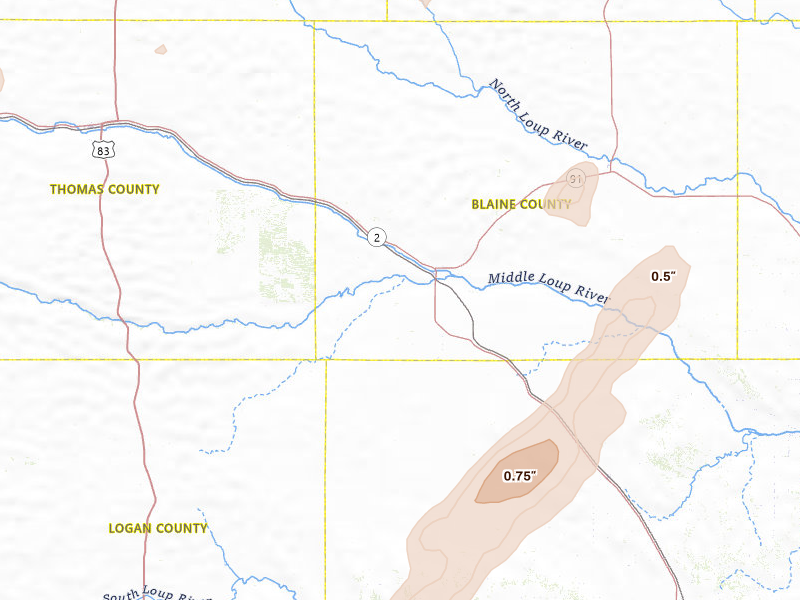 Radar-estimated hail-size map of the storm over Dunning, NE on Jul 2, 2026
